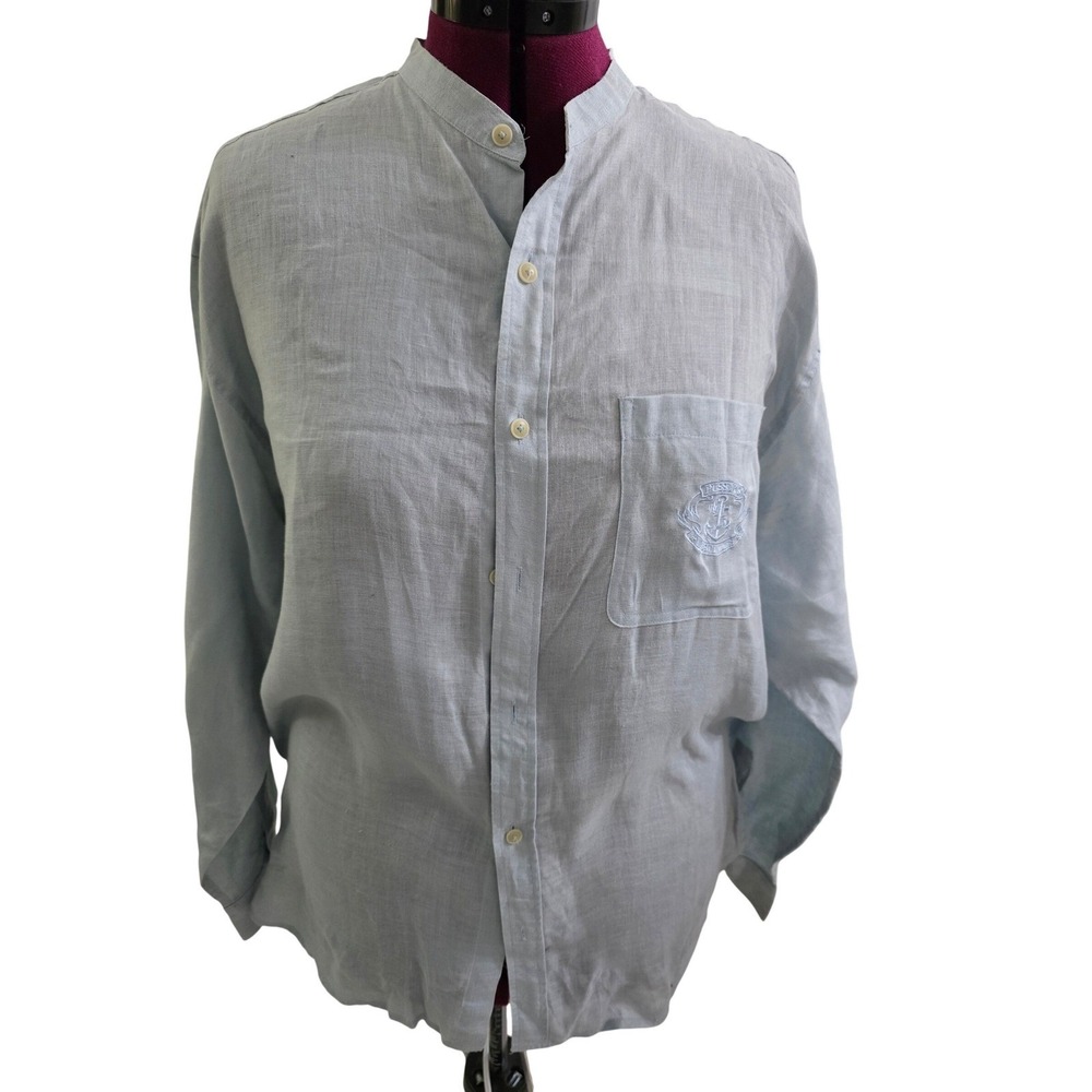 Pusser's Great Gatsby Linen Shirt XL Light Blue Mandarin Collar Embroidered